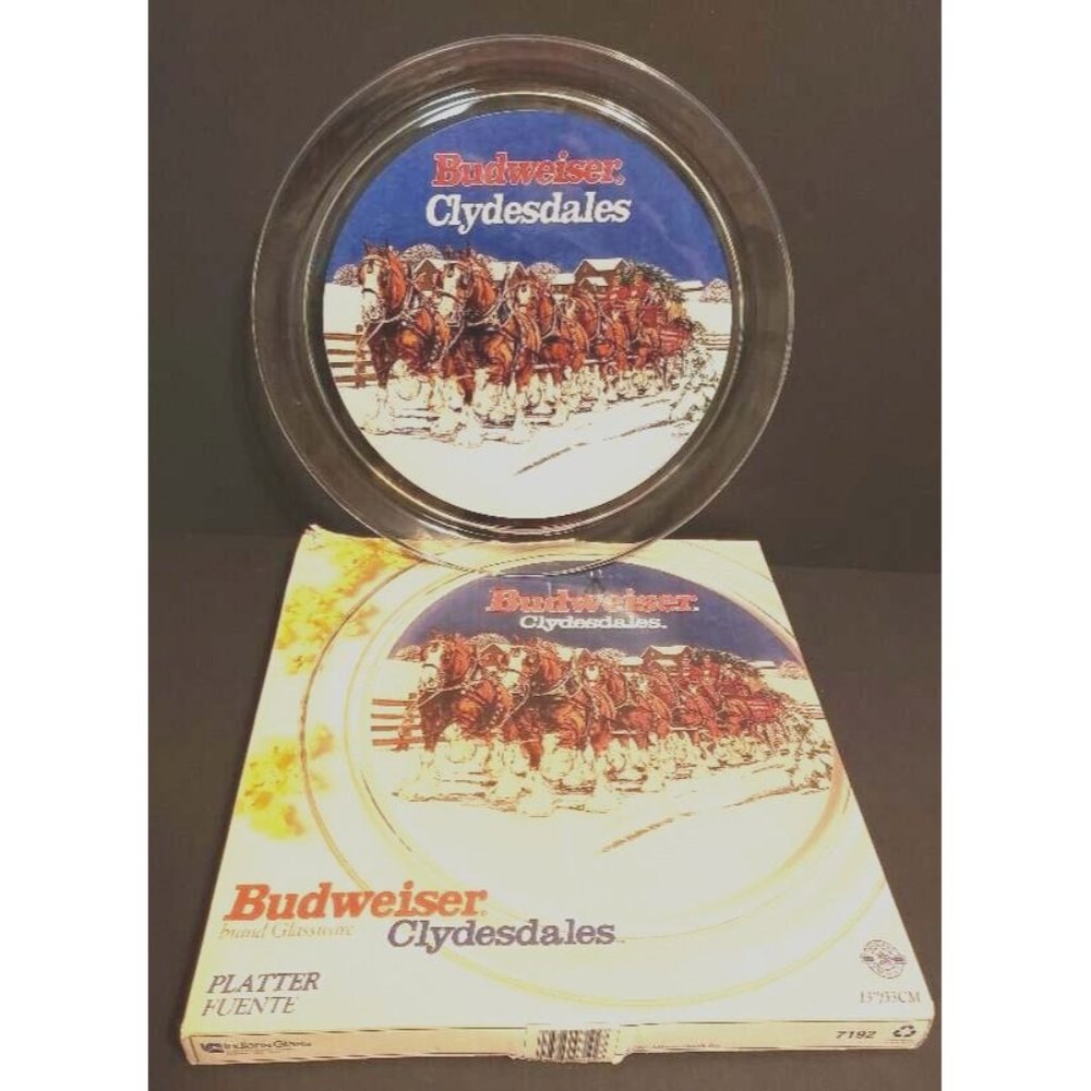 Budweiser  Glassware Large Clydesdales Horse Platter Indiana Glass 1995 w/ box